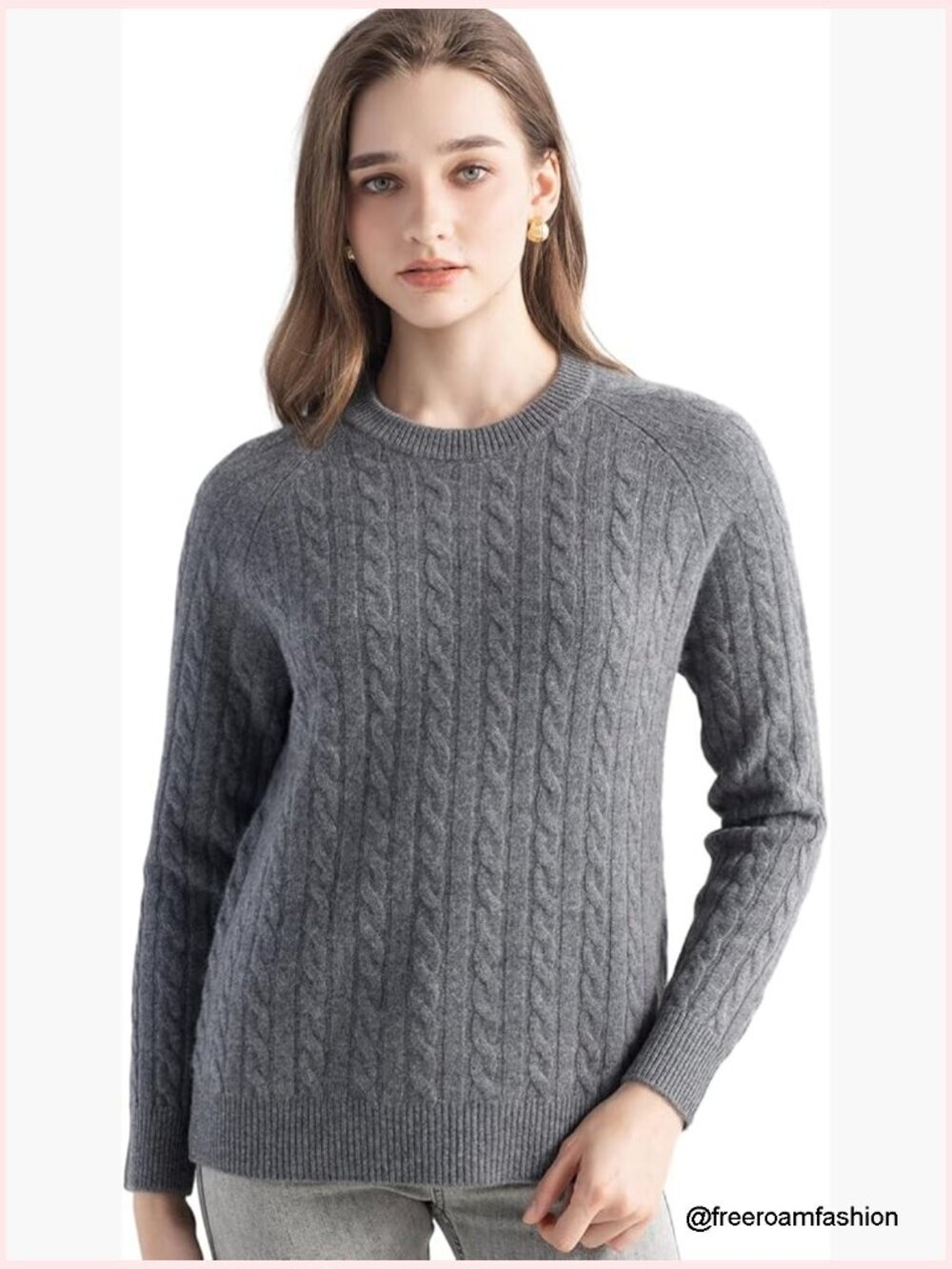 Cashmere Cable Knit Crew Neck Long Sleeve Pullover Sweater